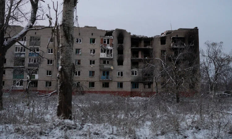 War-damaged community infrastructure in a conflict-affected area